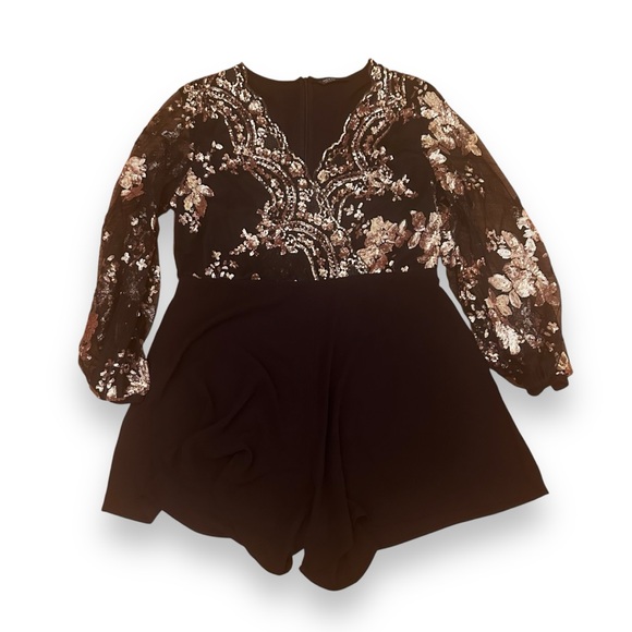 SHEIN BAE Plus Surplice Neck Sheer Lantern Sleeve Sequin Bodice Belted Romper - Picture 2 of 7